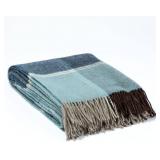 $70 Ukrainian 100% Wool Throw Blanket Soft Fringed Wool, Blue Plaid