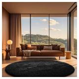 Ophanie Round Rug 6ft Black Circle Area Rug, Plush Shag Carpet