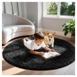 Ophanie Round Rug 6ft Black Circle Area Rug, Plush Shag Carpet