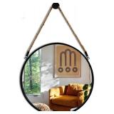 POZINO Round Mirror 15" Rope Hanging, Black Metal Frame
