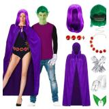 Maiteenly 7 Pcs Halloween Couple Costume Set Include Wig, Purple Hooded Cloak, Waist Belt, Stone Chain, Green Elf Ears, Gloves for Adult Halloween Anime Role Cosplay Outfit Party