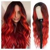 Angzon Long Red Wavy Wig for Women 26 Inch Ombre Red Middle Part Curly Synthetic Hair Wig Natural Look Heat Resistant Fiber for Daily Party Use