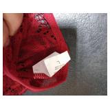 Foxiny Sexy Open Front V Neck Ruffle Sheer Mesh Lace Wireless Babydoll Lingerie Dress with Undies 2 Piece Women See Through Panty Set Chemise Negligee Hook Wine Red Large