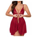 Foxiny Sexy Open Front V Neck Ruffle Sheer Mesh Lace Wireless Babydoll Lingerie Dress with Thong 2 Piece Women See Through Panty Set Chemise Negligee Hook Wine Red X-Large