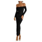 PRETTYGARDEN Womens 2025 Fall Long Sleeve Maxi Dress Off Shoulder Mesh Ruched Bodycon Trendy Long Wedding Guest Dresses (Black,Medium)