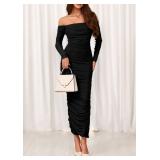 PRETTYGARDEN Womens 2025 Fall Long Sleeve Maxi Dress Off Shoulder Mesh Ruched Bodycon Trendy Long Wedding Guest Dresses (Black,Medium)