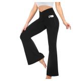 YOLIX Flare Leggings for Women with Pockets - Crossover High Waisted Black Flared Leggings for Yoga Gym Workout Medium