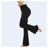YOLIX Flare Leggings for Women with Pockets - Crossover High Waisted Black Flared Leggings for Yoga Gym Workout Medium