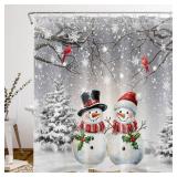 MYUSRE Christmas Snowman Shower Curtain with Hooks, Cute Snowman and Cardinal in Snow Pine Tree Forest Shower Curtain for Bathroom Rustic Winter Nature Bathroom Curtains Shower Set, 72W x 72L inches
