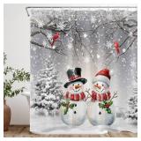 MYUSRE Christmas Snowman Shower Curtain with Hooks, Cute Snowman and Cardinal in Snow Pine Tree Forest Shower Curtain for Bathroom Rustic Winter Nature Bathroom Curtains Shower Set, 72W x 72L inches