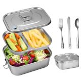 SUTETLW 304 Stainless Steel Bento Box Leakproof 3-Compartment Tray, 1800ml Stainless Steel Lunch Box with Airtight Valve Handle, Including Utensil Set (Fork/Knife/Chopsticks) for Travel, Work.