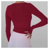 Women Wrap Tie Top Y2k Long SLeeve Ballet Workout Yoga Shirt Coquette Blouses (Wine Red, Small)