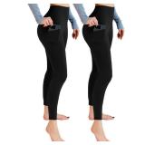 Leafigure 2 Pack Leggings with Pockets for Women, High Waisted Soft Leggings for Yoga Gym Black SM