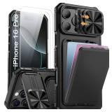 SSLOTSCASE for iPhone 16 Pro Case with 2X Screen Protector, Card Holder & Kickstand & Slide Camera Lens Cover, Silicone Edge Rugged Shockproof Protective Phone Cover for iPhone 16 Pro 6.3