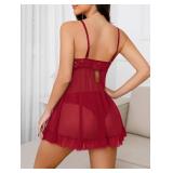 Foxiny Plus Size Curvy Sexy Open Front V Neck Ruffle Sheer Mesh Lace Wireless Babydoll Lingerie Dress with Thong 2 Piece Women See Through Panty Set Chemise Negligee Hook Wine Red XX-Large
