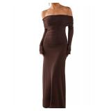 KUTUMAI Women Off Shoulder Bodycon Maxi Dress Long Sleeve Mesh Ruched Party Formal Wedding Guest Dresses Brown M
