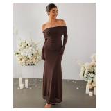 KUTUMAI Women Off Shoulder Bodycon Maxi Dress Long Sleeve Mesh Ruched Party Formal Wedding Guest Dresses Brown M