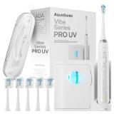 Aquasonic Vibe Series PRO Ultra-Whitening Electric Toothbrush 5 Modes & Smart Timers UV Sanitizing Base ADA Accepted (Optic White)