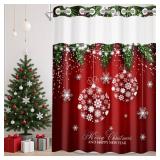 Nesphy No Hook Merry Christmas Shower Curtain with Snap in Fabric Liner Set, Red Snowflake Double Layers Waterproof Fabric with See Through Top Window Open Grommet Bath Curtain 71x74 Inch