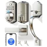Veise VE012W-H WiFi Smart Front Door Lock Set, Built-in WiFi, App Remote & Voice Control, Fingerprint Keyless Entry Smart deadbolt with Handle, Backlit Keypad, Auto Lock, IP55 Waterproof, Satin Nickel