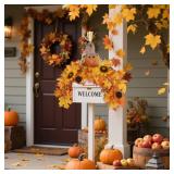 winemana 31.5in Outdoor Fall Decor for Mailbox, Lighted Fall Swag with 8 Modes & Timer, Autumn Scarecrow & Sunflower Thanksgiving Table Centerpiece Decorations