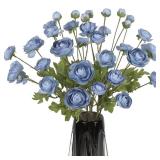 ICBOX Ranunculus Flowers Artificial MultiPCS 32 Heads Blue Silk Flowers Faux Ranunculus Asian Buttercup Fake Flower Long Stems for Home Decor Indoor DIY Floral Wedding Table Centerpiece (Blue)