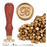 Yoption Wax Seal Kit, Vintage Handwriting Initial Alphabet Stamp with 120 Antique Gold Sealing Wax Beads for Wedding Invitation Gift Envelopes Wrap Christmas Card - Letter B