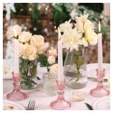 Simeitol Glass Candle Holder Set of 12, Pink Taper Candle Holders Bulk, Vintage Candlestick Holders, Candle Stick Holder for Table Centerpieces, Wedding & Mother