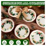 Potchen 6 Pcs Christmas Salad Plates Set 8 Green Leaf Wreath Christmas Ceramic Dessert Appetizer Dinner Snacks Plates Decorative Winter Holiday Tableware Gift for Party Table Kitchen Decorations
