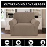 PrinceDeco Stretch Armchair Covers for Chairs Slipcovers for Living Room Couch Covers for Chair Protectors Cover for Dogs/Pets/Kids, Feature Checks Pattern Jacquard Bouncy, Thick and Soft,Macchiato