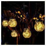 Cooo 2 Pack Crackle Glass Solar Lantern with 30 LED Firefly Lights Waterproof Outdoor Hanging Lamp 215% Larger Solar Panel, Anti-Rust Lids Decorative Lighting for Garden Patio Christmas Decorations
