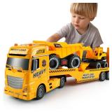 Dwi Dowellin Construction Carrier Truck Kids Toys,25.6 Semi-Trailer Toy with Excavator and Dump Truck,Gifts for Age 3 4 5 6+ Years Old Boys Girls