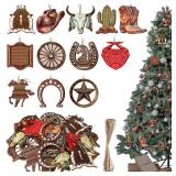 Vercraft 36 Pcs Western Cowboy Ornaments for Christmas Tree Hanging Double-Sided Printing Wooden Xmas Decor Cowboy Hat Cactus Horseshoe Boots Ornaments for West Theme Decorations