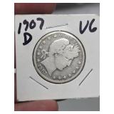 1907-D Barber silver half dollar