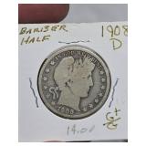 1908-D Barber silver half dollar