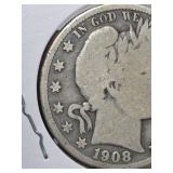 1908-D Barber silver half dollar