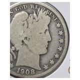1908-D Barber silver half dollar