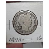 1907-D Barber silver half dollar