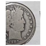1907-D Barber silver half dollar