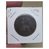1901 G.B. U.K. Victoria one penny coin