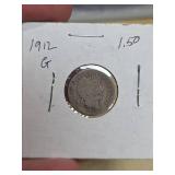 1912 Barber silver dime