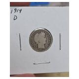 1914-D Barber silver dime