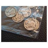 Lot of 6 1940-1945 Mercury silver dimes
