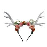 Deer Antler Headband Reindeer Horns Rose Flower Crown Headpiece Cosplay Costume Hair Accessory for Halloween Christmas Party (White, M)