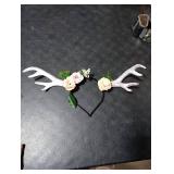 Deer Antler Headband Reindeer Horns Rose Flower Crown Headpiece Cosplay Costume Hair Accessory for Halloween Christmas Party (White, M)