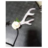 Deer Antler Headband Reindeer Horns Rose Flower Crown Headpiece Cosplay Costume Hair Accessory for Halloween Christmas Party (White, M)