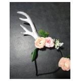 Deer Antler Headband Reindeer Horns Rose Flower Crown Headpiece Cosplay Costume Hair Accessory for Halloween Christmas Party (White, M)