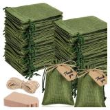 Woanger Bulk Pcs Burlap Gift Bags with Bulk Pcs Kraft Paper Gift Tags Drawstring Favor Bulk Burlap Sack Bags for DIY Wedding Party Craft (4 x 6 Inch,Army Green)