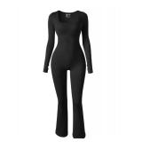 OQQ Women Yoga Jumpsuits Ribbed Exercise Long Sleeve Tops Bell Bottoms Flare Jumpsuits Black Medium