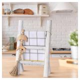 Cinnvoice 2 Pcs Wooden Tea Towel Ladder Rustic Hand Towel Stand Rack Mini Countertop Towel Stand Farmhouse Wood Counter Towel Holder for Bathroom Country Kitchen Office (White)